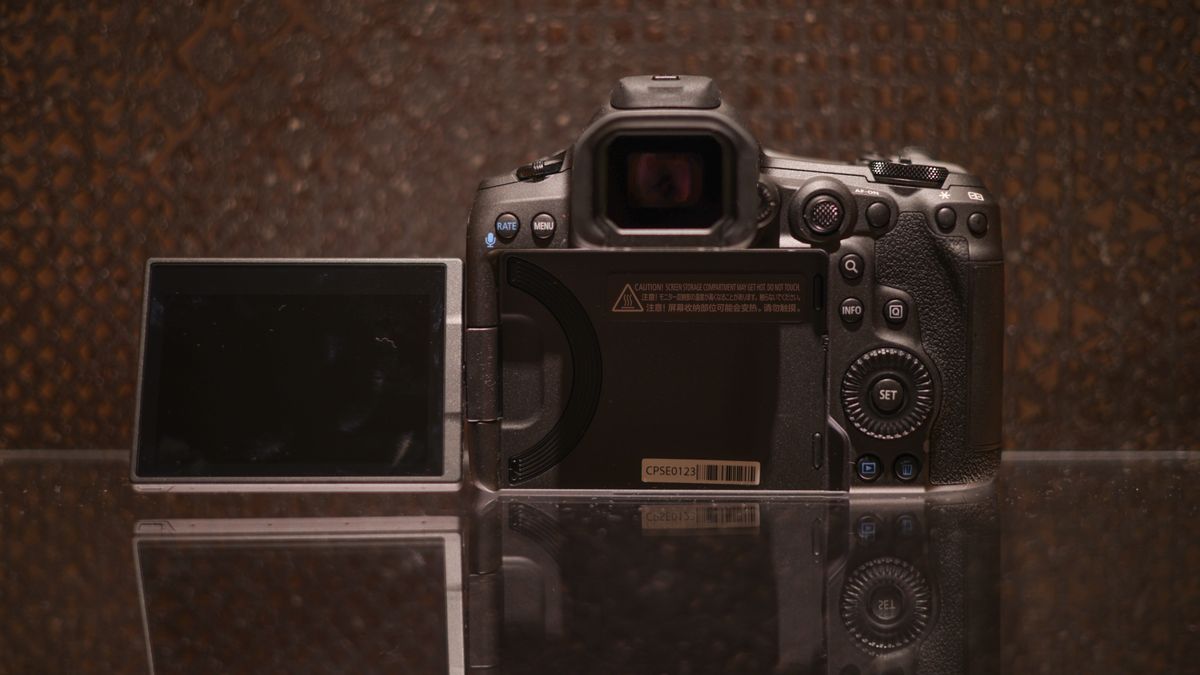 Canon EOS R5 Mark II against a dark background