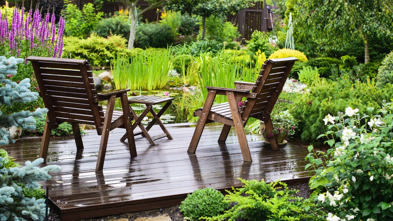 how much does decking cost: two chairs on deck in garden