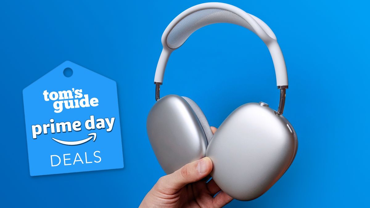 AirPods Max in hand next to Prime Day deals tag