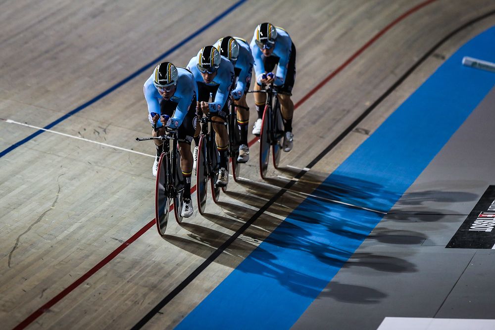 Lindsay de Vylder,Kenny de Ketele,Moreno de Pauw,Robbe Ghys (BEL) of Men`s team Pursuit squad take part in the qualifying round of the UCI Track Cycling World Championships