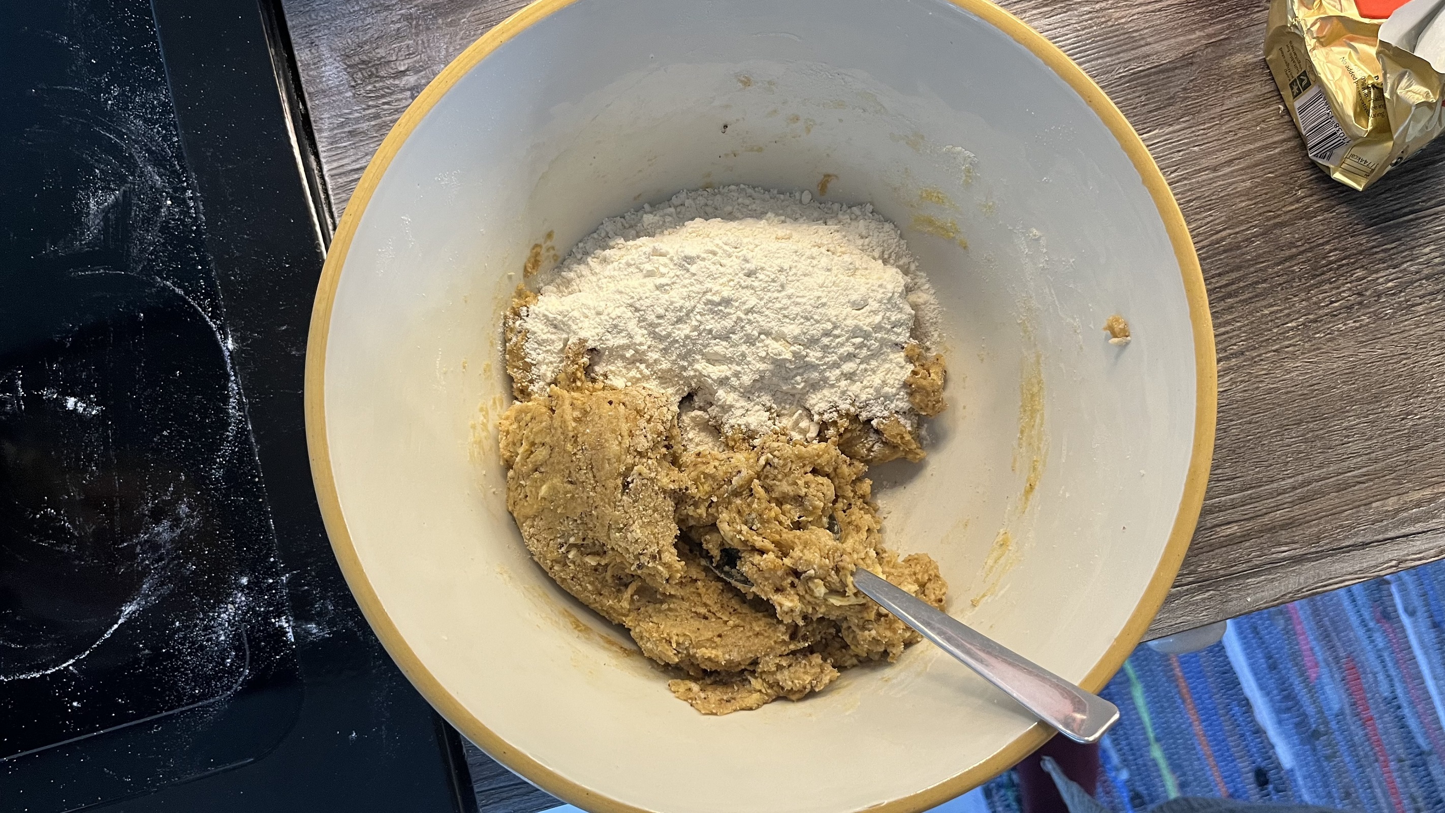 mixing flour into cookie dough