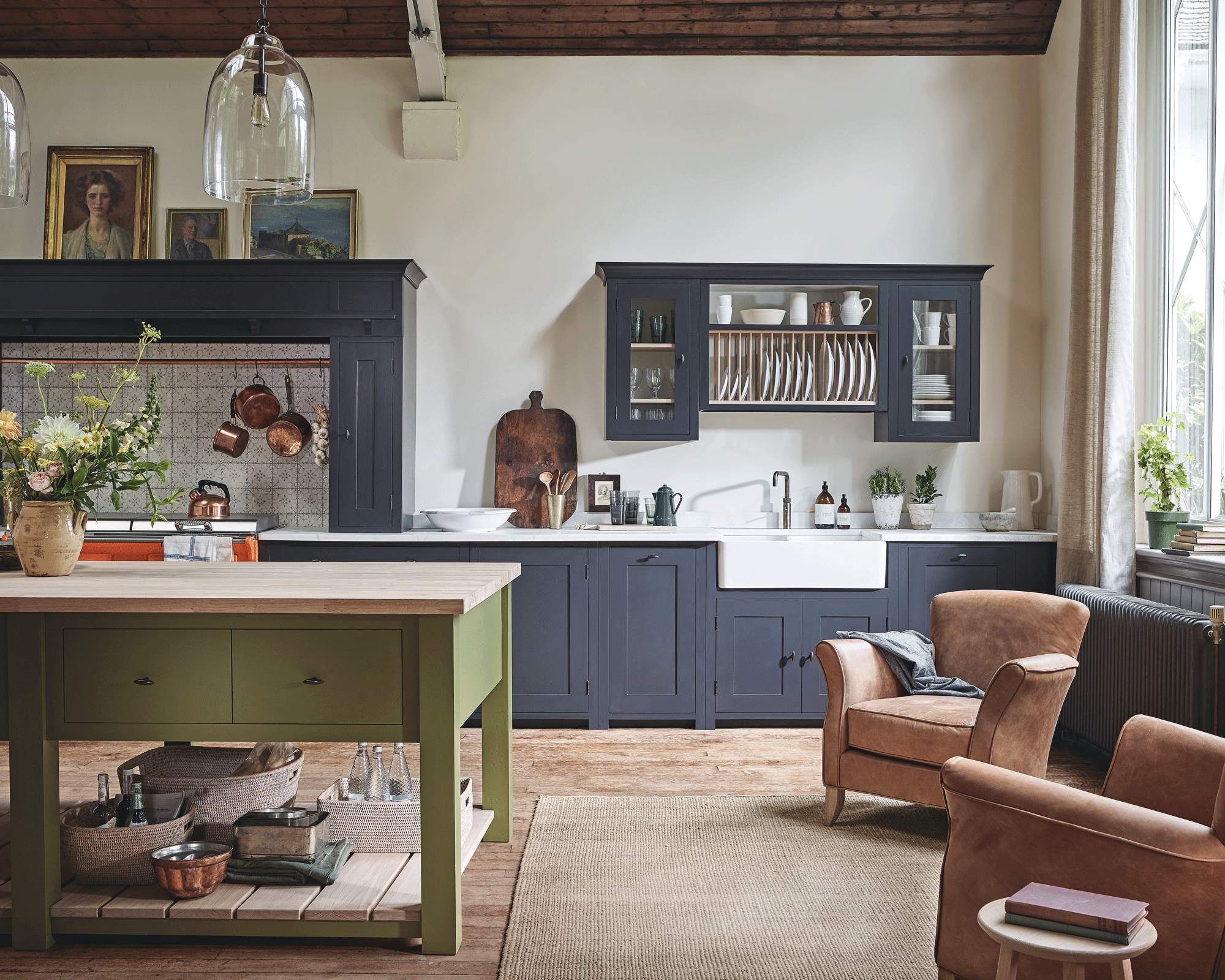 Blue Neptune kitchen with green painted kitchen island