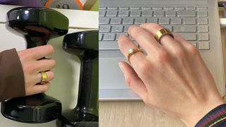 Katie Sims holding dumbbell wearing the Ultrahuman Ring app and sitting at laptop