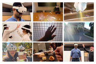 A collage of nine images showing different people wearing and using a virtual reality headset.