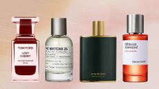 A collage of fragrances that align with the predicted 2025 perfume trends including Lost Cherry by Tom Ford, The Matcha 26 by Le Labo, Victoria Beckham Beauty's 21:50 Rêverie Eau de Parfum and the Maison Crivelli Hibiscus Mahajad Extrait De Parfum/ in a orange to pink gradient template