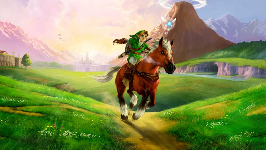 Link rides his horse over a lush green field in Zelda: Ocarina of time