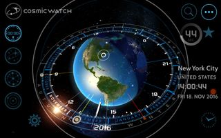 The Cosmic Watch app clock mode also features a calendar. A minute hand points to the current time on the clock dial ring, and the sun is aligned with the date. A tap on the three dots hides all the GUI controls until needed. Tapping anywhere on the globe reveals the local time at that location.