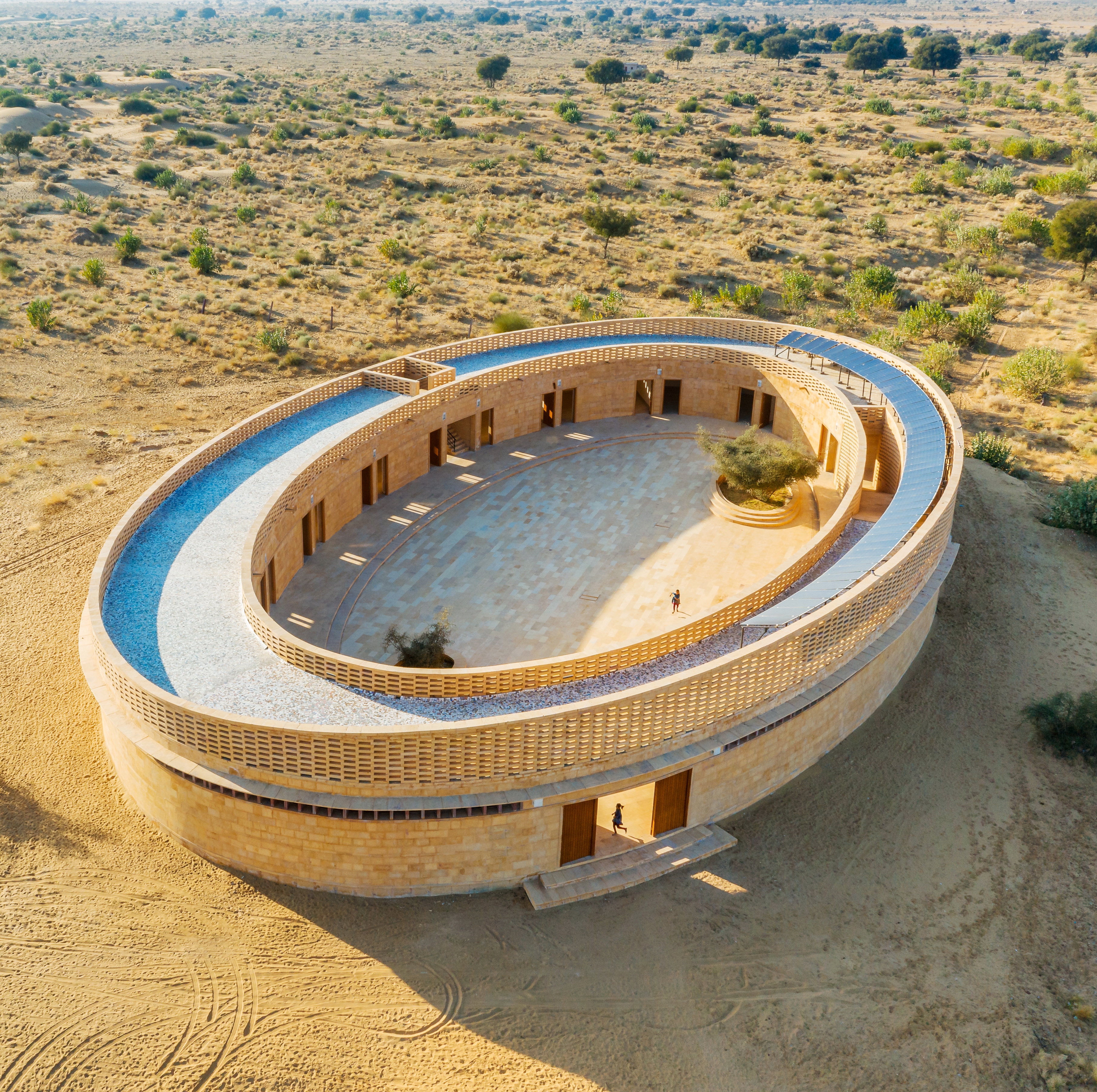 aerial shot of the sustainable girl's school in India by Diana Kellogg