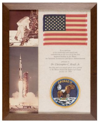 Flight director Chris Kraft's U.S. flag and Apollo 11 mission patch flown to the moon on the first lunar landing mission.
