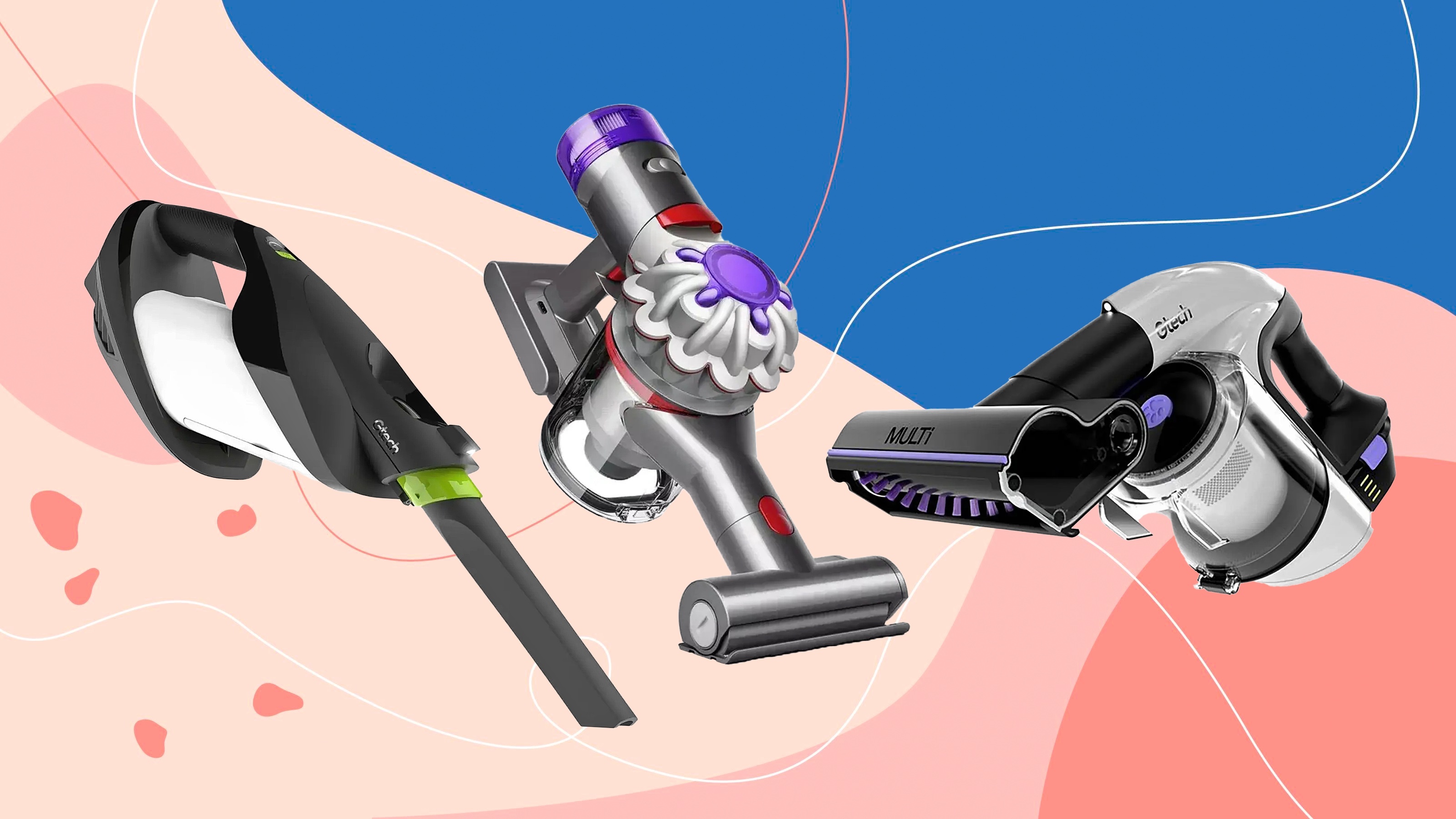 Three handheld vacuum cleaners on a pink and blue background