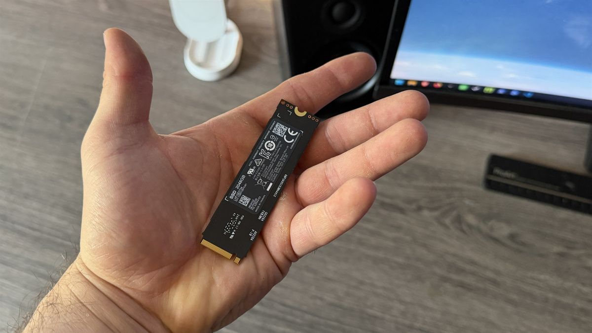 The Kioxia Exceria Pro G2 SSD ready to be installed inside a gaming PC.