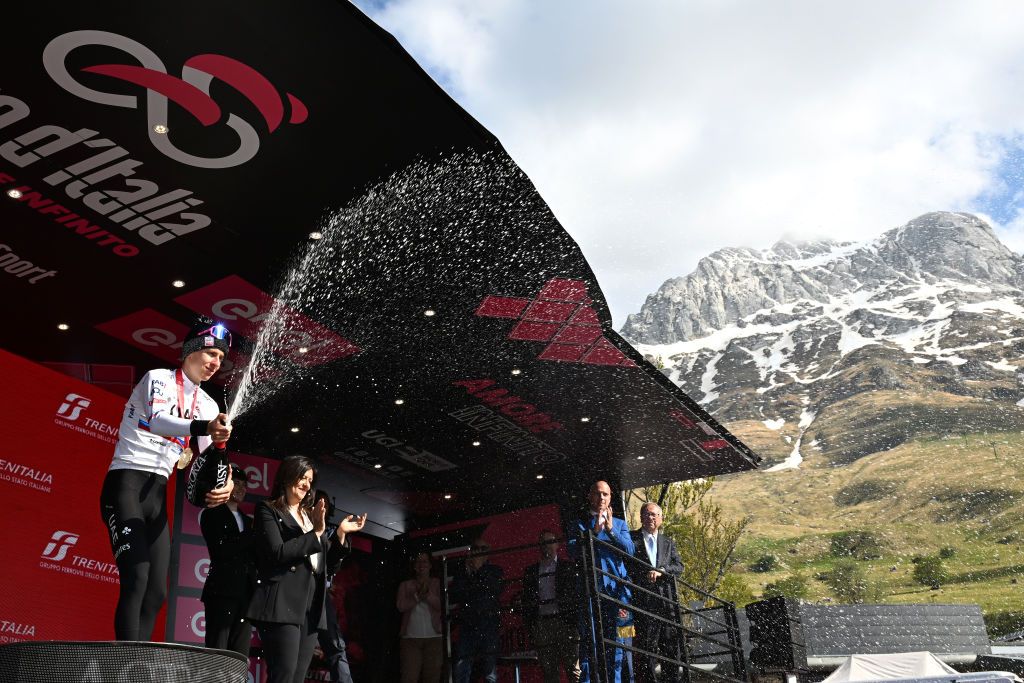 PRATI DI TIVO ITALY MAY 11 Tadej Pogacar of Slovenia and UAE Team Emirates celebrates at podium as stage winner during the 107th Giro dItalia 2024 Stage 8 a 152km stage from Spoleto to Prati di Tivo 1451m UCIWT on May 11 2024 in Prati di Tivo Italy Photo by Tim de WaeleGetty Images