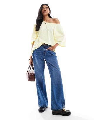 Asos Design Relaxed Off Shoulder T-Shirt in Lemon Yellow