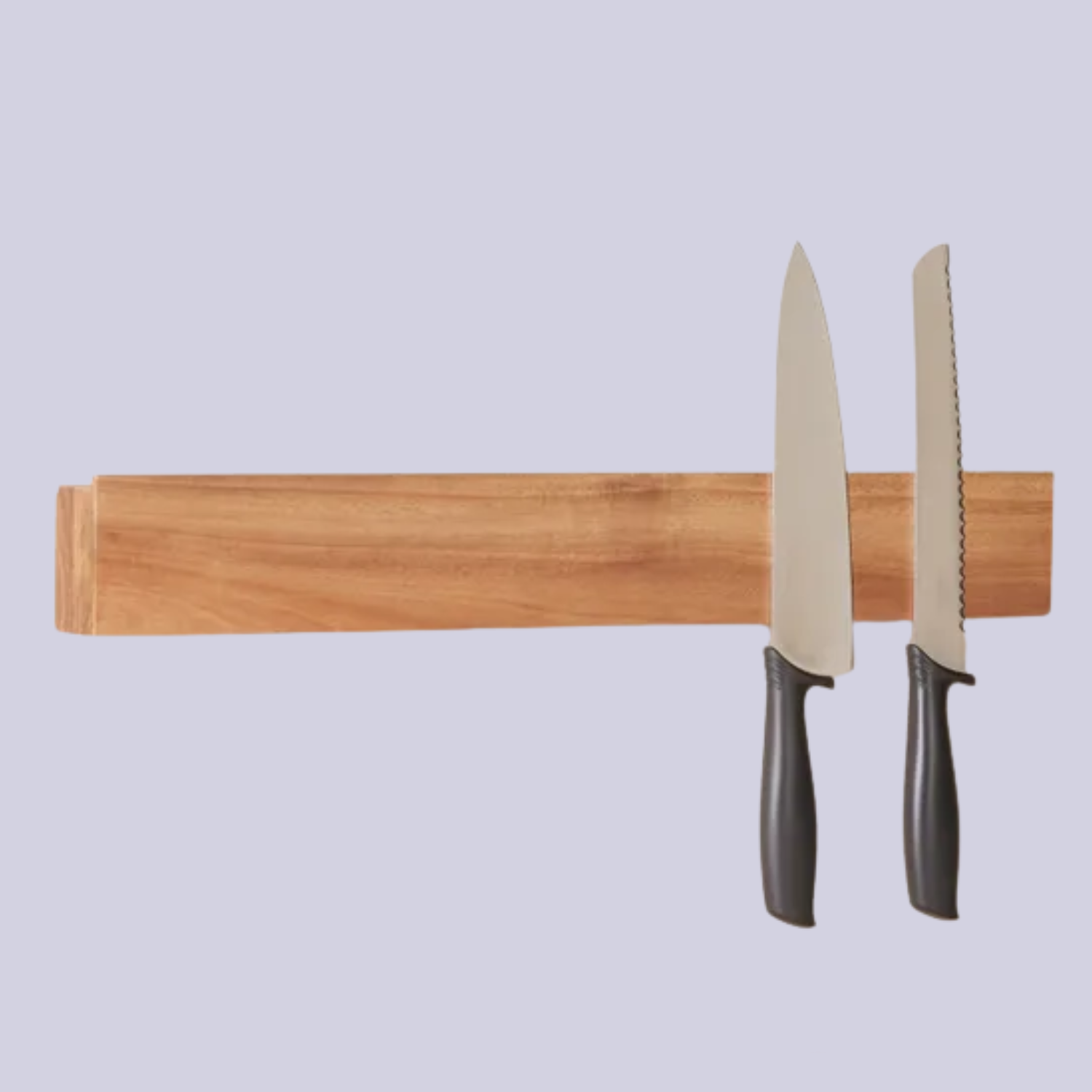 A wall-mounted magnetic acacia wood knife block
