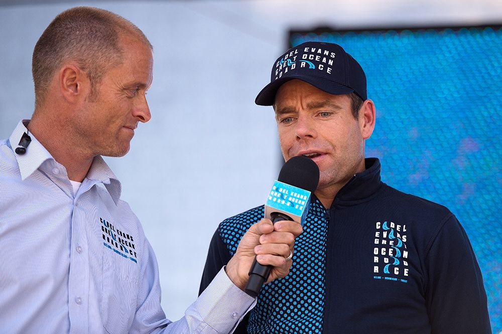 Cadel Evans speaks after the race