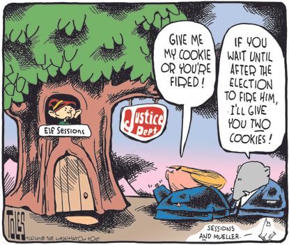 Political cartoon U.S. Jeff Sessions Trump GOP justice department Keebler Elf