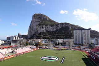 General view inside Gibraltar's Victoria Stadium ahead of a UEFA Conference League game between Lincoln Red Imps and FC Copenhagen in November 2021.