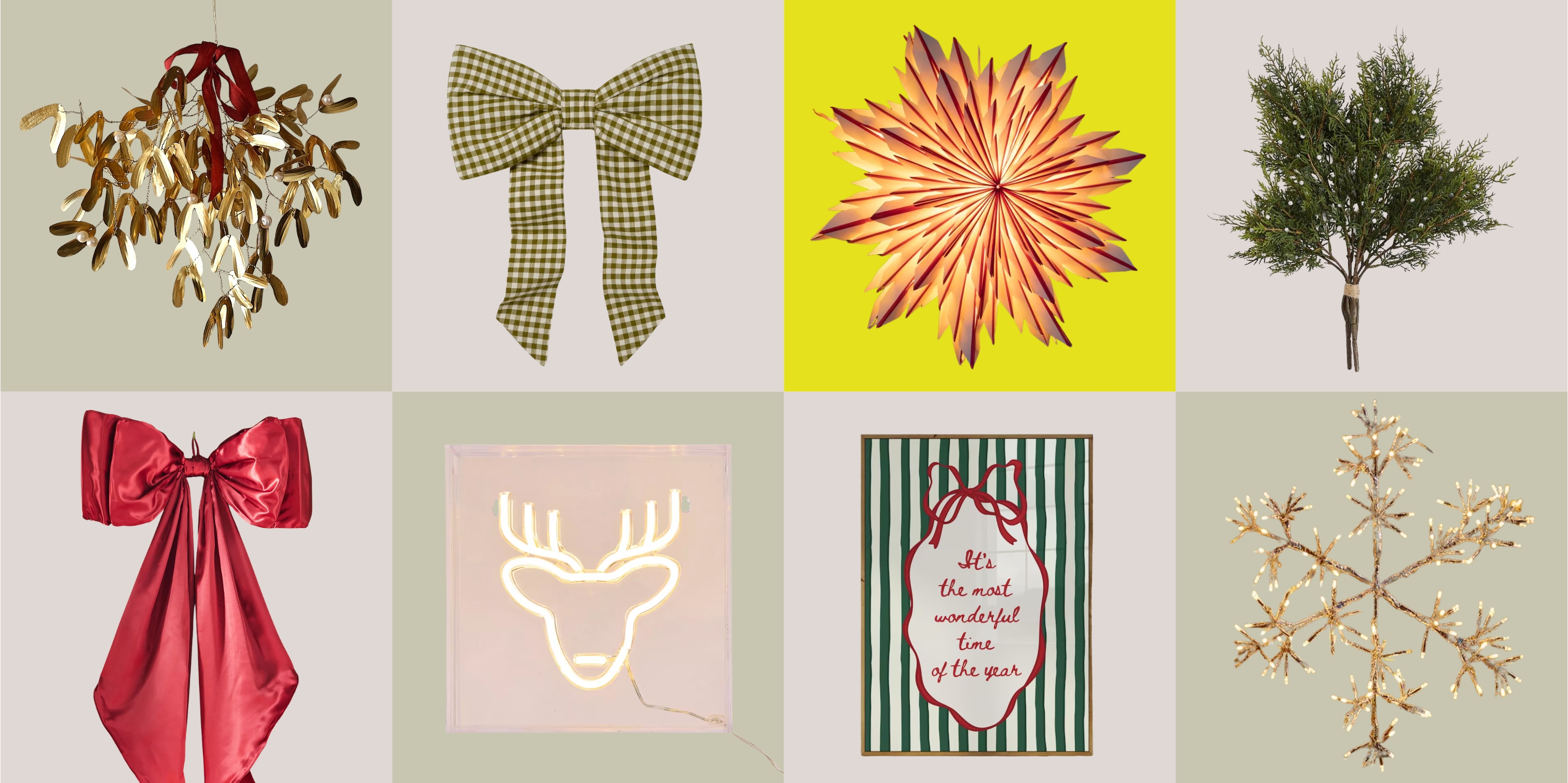 2x4 light pink and sage checkerboard background with different product cutouts in each box. The products are all Christmas tree alternatives, including: brass mistletoe, a green gingham bow, a star paper lantern, a bunch of faux stems, a red satin bow, a reindeer-shaped neon light, a striped wall artwork, and a light-up snowflake.