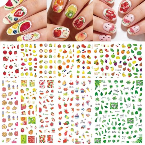 12 Sheet Fruit Nail Art Stickers - 3d Self-Adhesive Cherry Nail Stickers - Lemon Leaf Strawberry Summer Nail Decals Design for Women Diy Summer Manicure Supplies Decorations Accessories