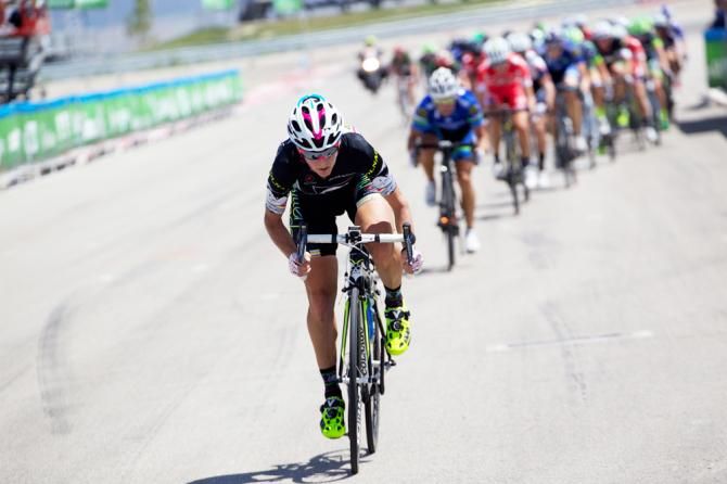 Jeannie Kuhajek (Vanderkitten) attacks off the front leading into a prime lap.
