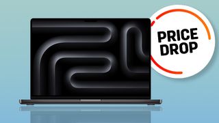 Product image of an Apple Macbook Pro M4 16 inch on a blue to light blue gradient with a 'Price Drop' roundel in the background