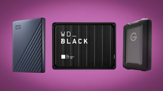 Western Digital HHDs: My Passport Ultra, WD_BLACK P10 Game Drive, and SanDisk G-DRIVE ArmorATD.