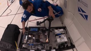 Dr. Bailet testing a 3D printer at zero gravity on the Vomit Comet