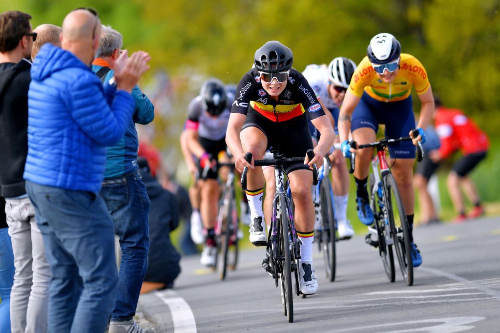 DRTENDORF GERMANY MAY 28 Lotte Kopecky of Belgium and Team Belgium Emma Norsgaard Jorgensen of Denmark and Movistar Team yellow leader jersey attack on breakaway during the 34th Internationale LOTTO Thringen Ladies Tour 202 Stage 4 a 101km stage from Drtendorf to Drtendorf 420m ltlt2021 lottothueringenladiestour womencycling on May 28 2021 in Drtendorf Germany Photo by Luc ClaessenGetty Images