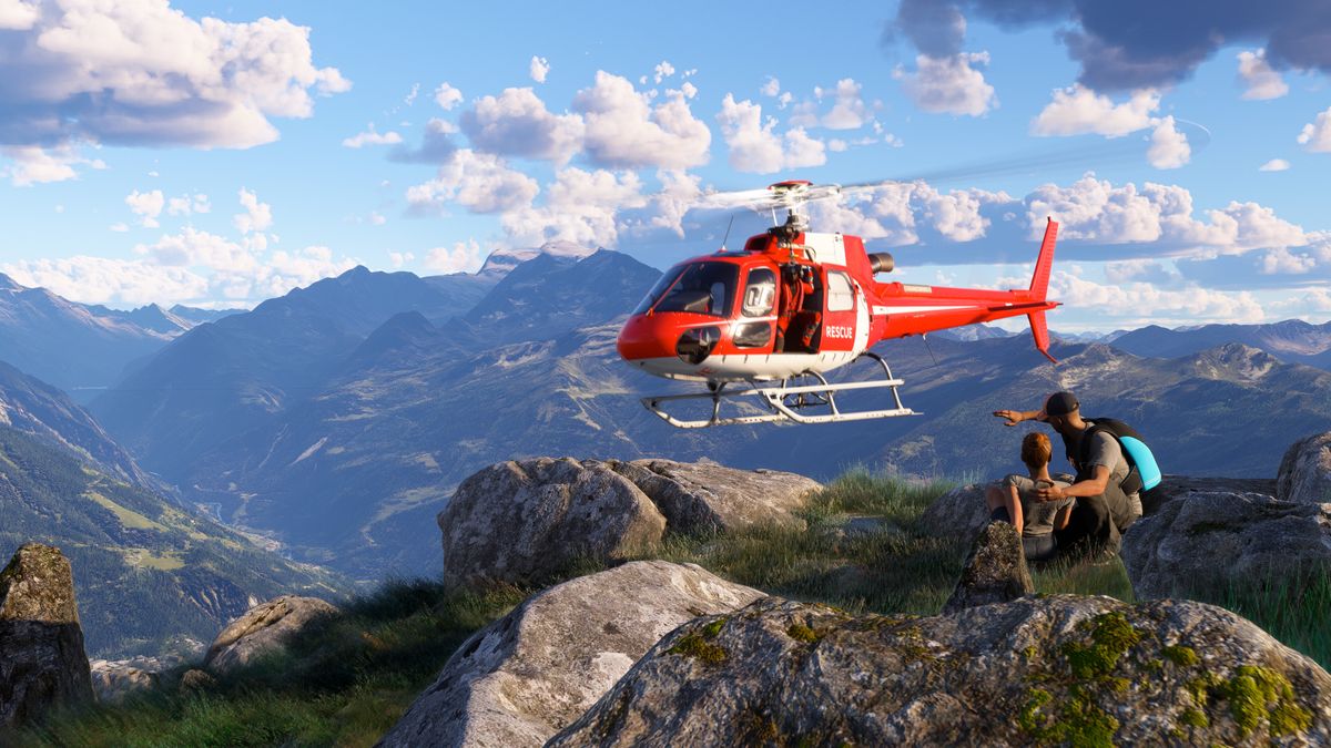 A screenshot of Microsoft Flight Simulator 2024 showing a rescue helicopter near a mountain.