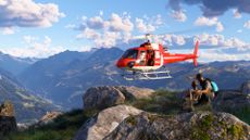 A screenshot of Microsoft Flight Simulator 2024 showing a rescue helicopter near a mountain.