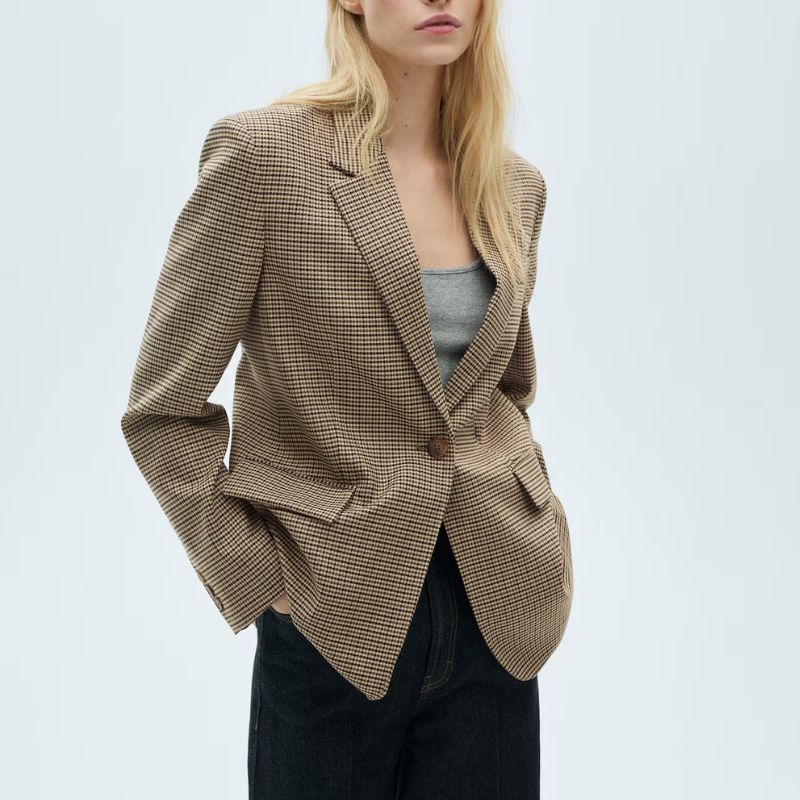 Straight-fit micro-houndstooth jacket on model 
