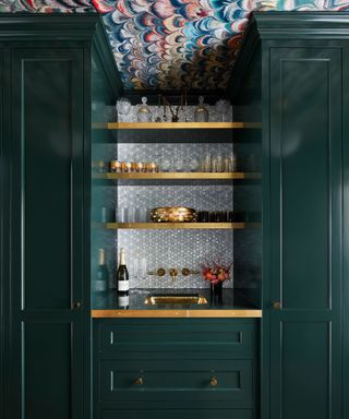 green home bar with gloss paint and marble ceiling wallpaper