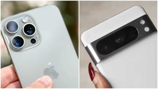 Google Pixel 8 Pro and iPhone 15 Pro Max side by side to each other.