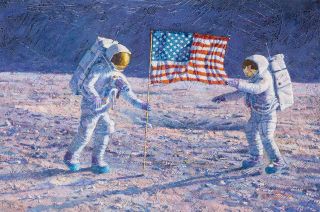 Alan Bean's original painting, "John F. Kennedy's Vision" depicts Neil Armstrong and Buzz Aldrin planting the U.S. flag.