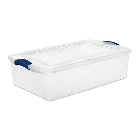 Sterilite 32 Quart Latch Box, Clear Plastic Storage Bin With Clear Lid, Blue