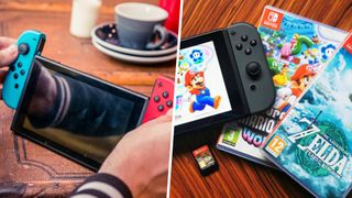 Hands pulling Joy-Cons away from a screen on a surface with a coffee mug, beside a Switch and games on a wooden surface