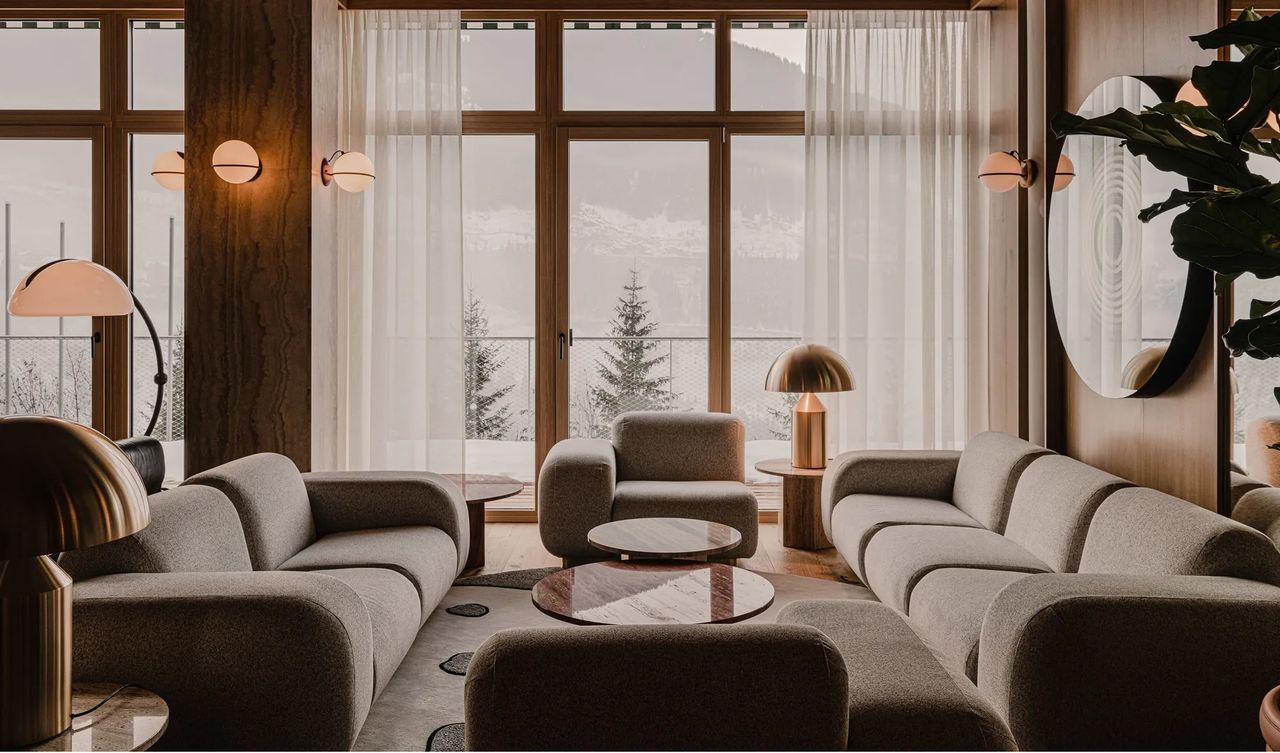 A snowy 1980s-inspired hotel lobby.
