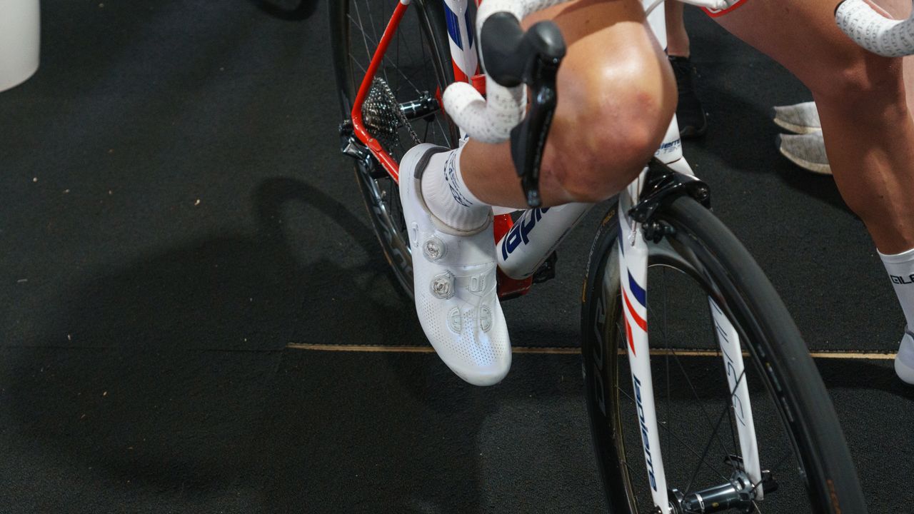 This FDJ rider opts for the same shoes in a sparkly white finish