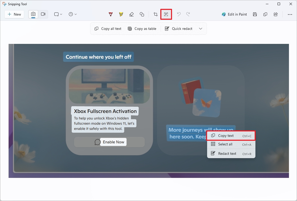 Snipping Tool extract text