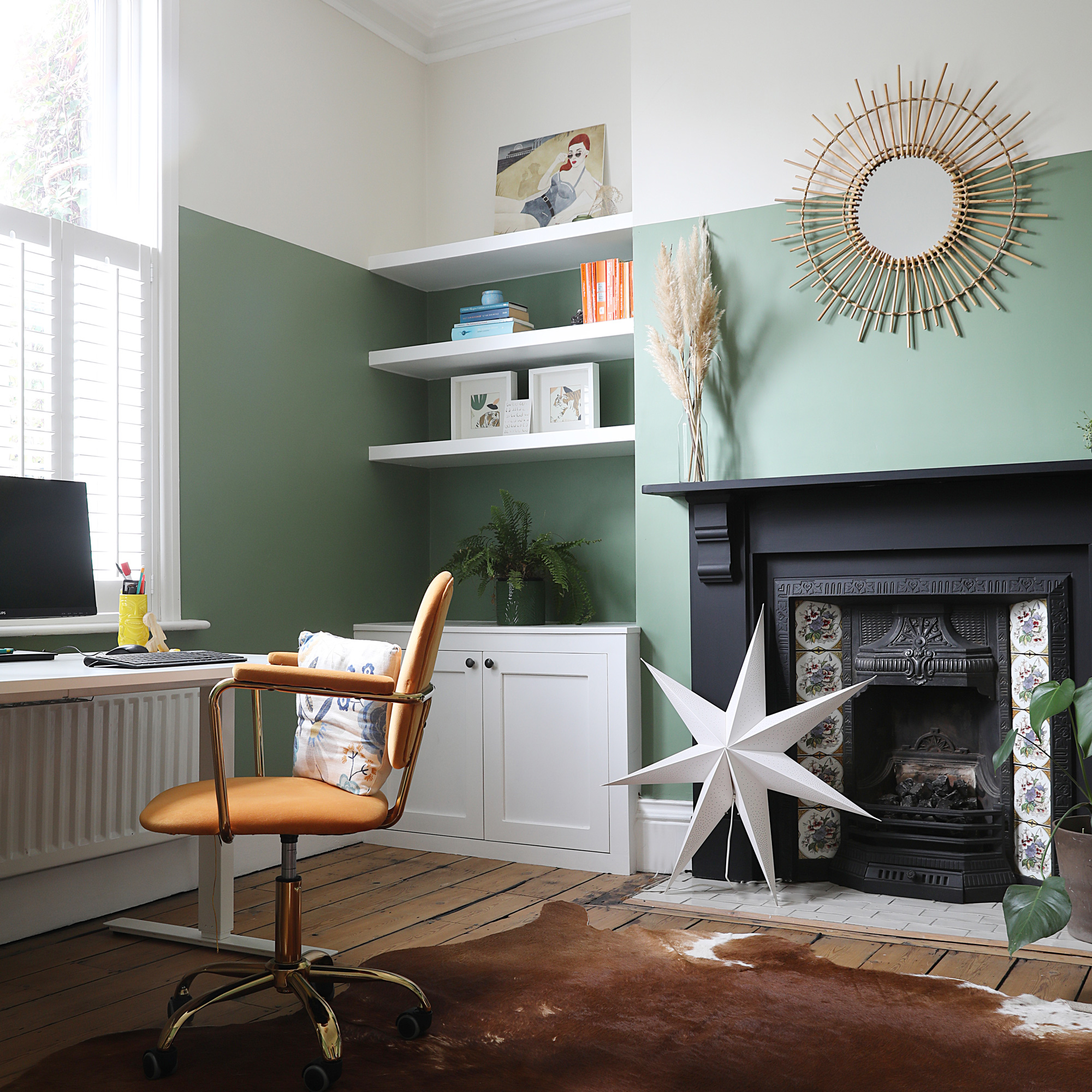 Victorian property revamp study home office with green walls and desk with chair