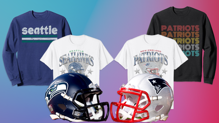 A variety of Seattle Seahawks and New England Patriots retro-style clothing next to team helmets