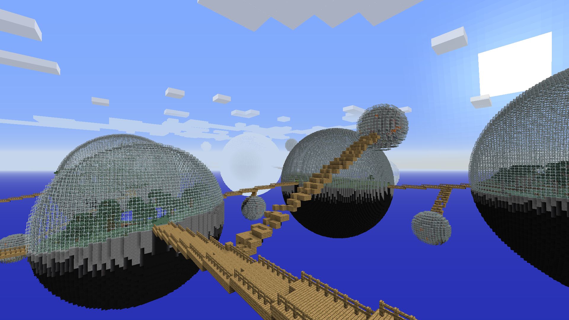 Minecraft mods - biosphere - Glass domes with forests inside connected by wooden bridges over an empty sky