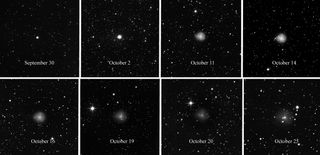 A grid of photos showing how 29P gets brighter after an eruption