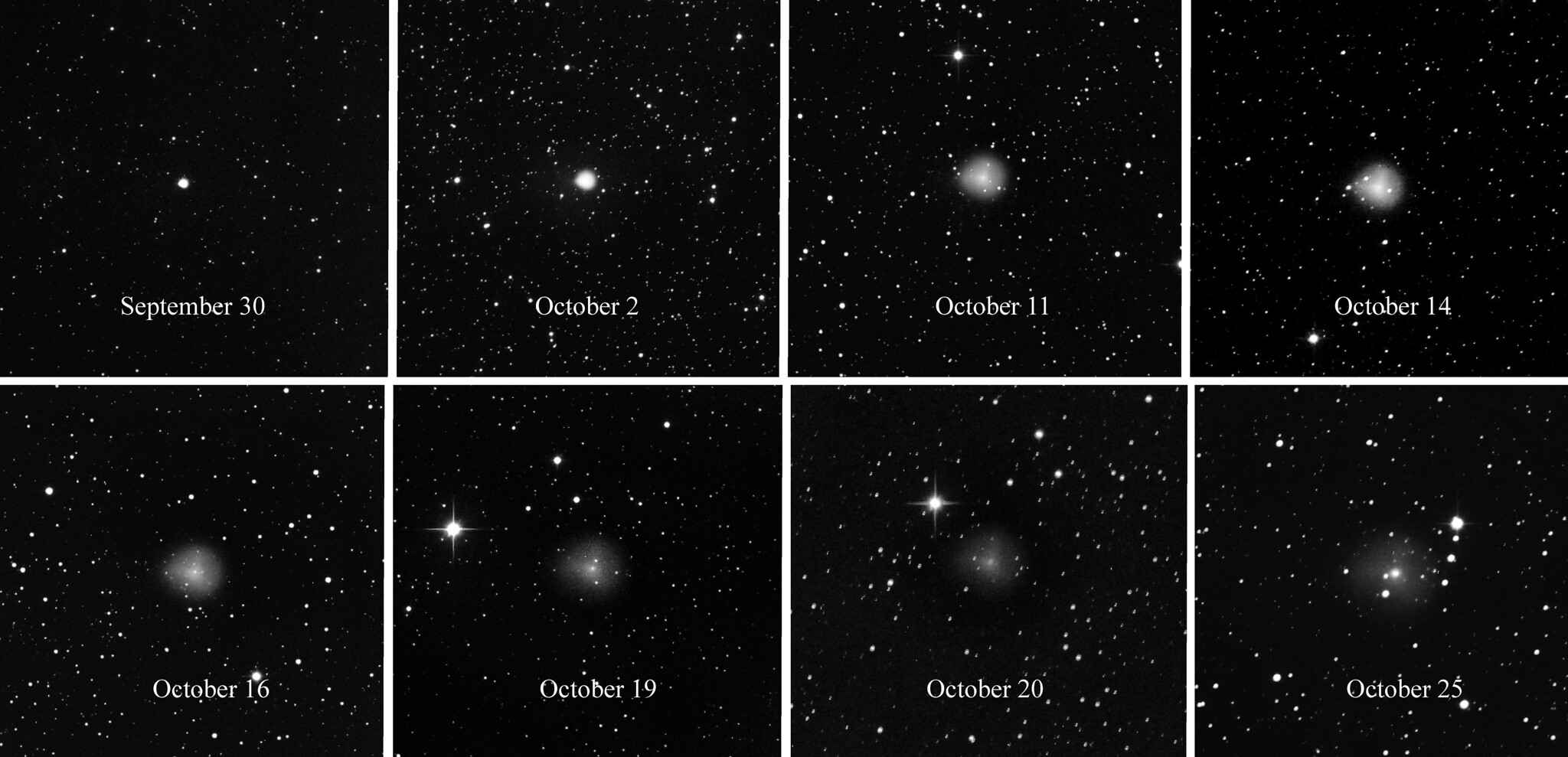 A grid of photos showing how 29P gets brighter after an eruption