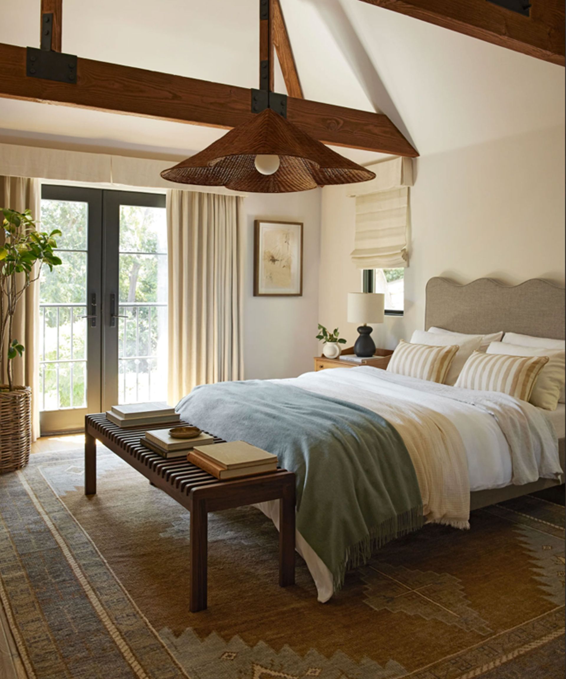 Modern rustic bedroom, beamed ceiling, cozy bed