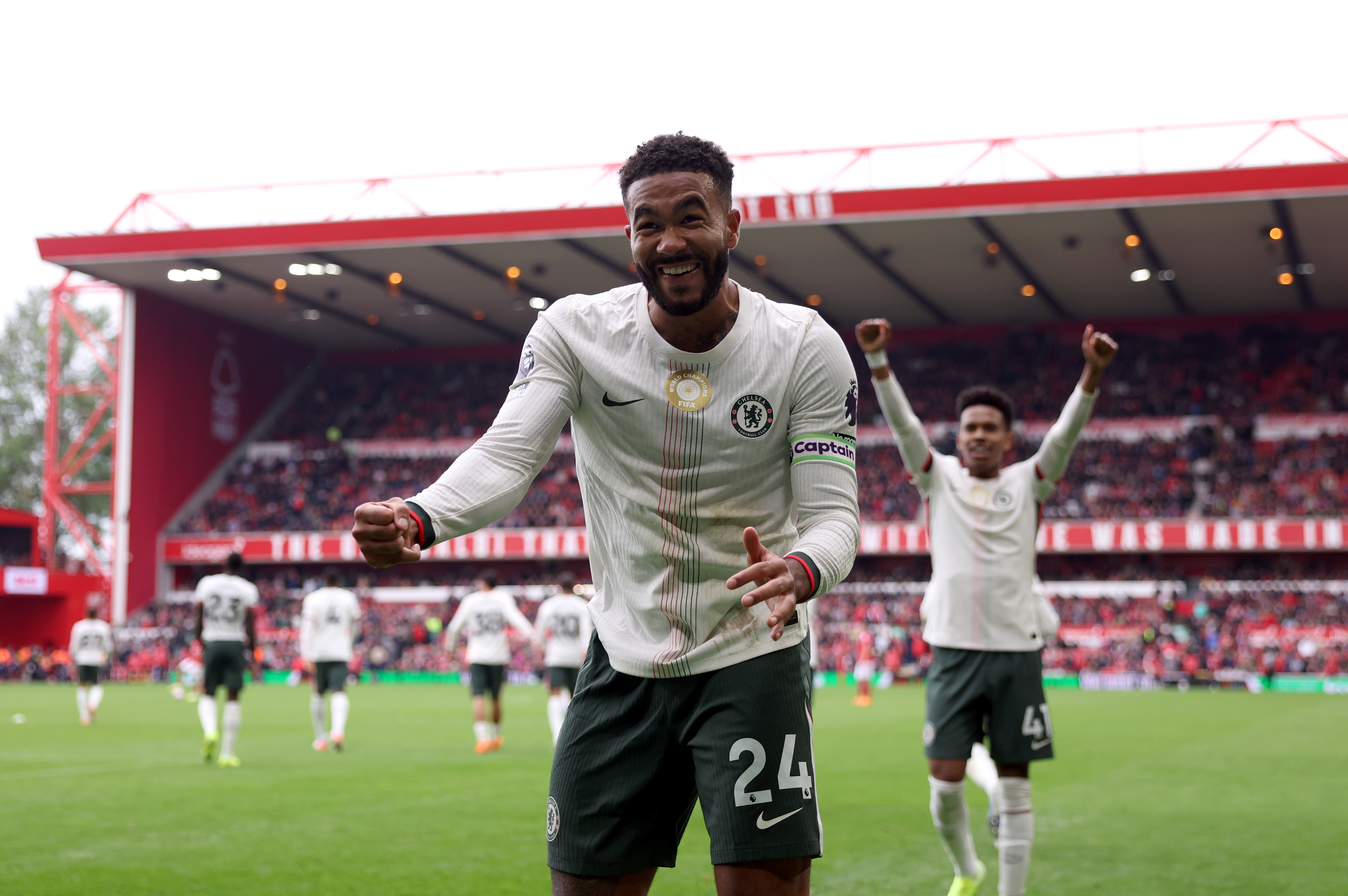 Reece James of Chelsea celebrates scoring his team's third goal during the Premier League match between Nottingham Forest and Chelsea at City Ground on October 18, 2025 in Nottingham, England.
