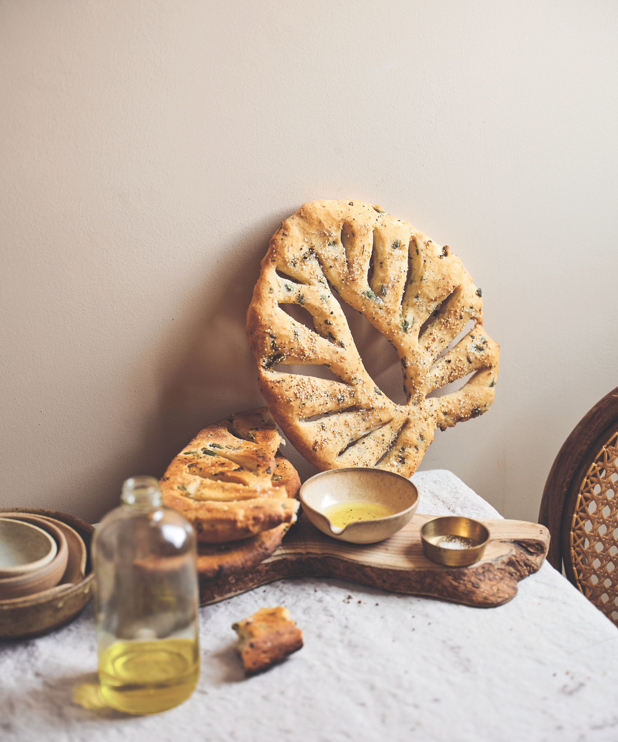 Fougasses bread on a table with olive oil