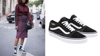 street style shot of a woman wearing classic old skool vans with a skirt and a pair of black old skool vans