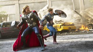 Thor and Captain America defending Manhattan.