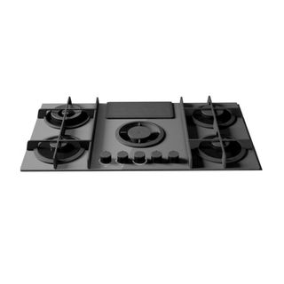 Grey hob with four gas burners and an extractor built into the hob